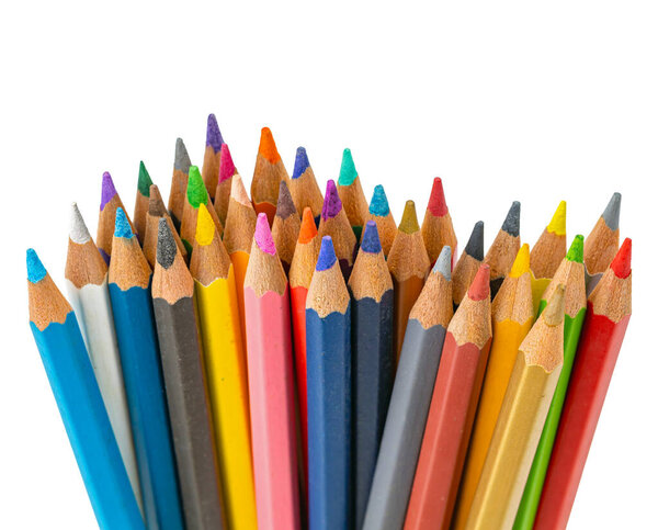 A group of colorful colored pencils isolated on a white background
