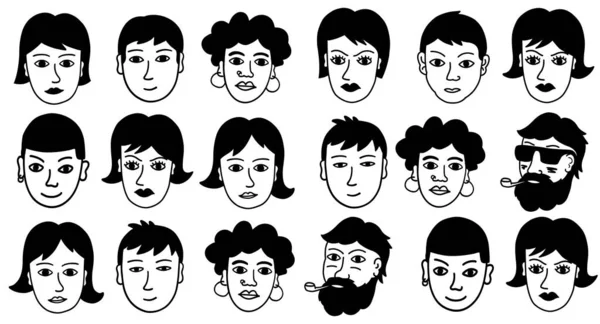 Folk Ansikten Svart Och Vitt Klotter — Stock vektor