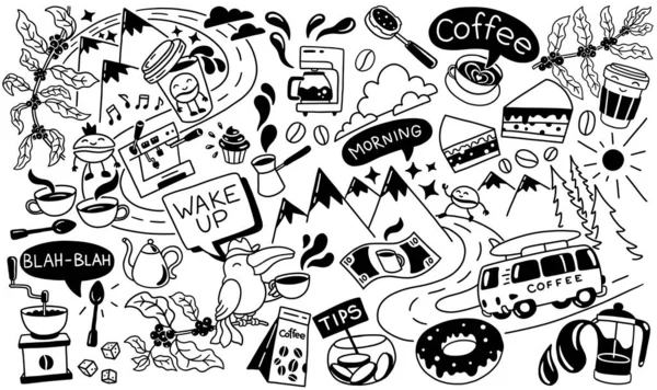 Koffie Trendy Gemengde Doodle Kopje Koffie Woestijn Zwart Wit Hedendaagse — Stockvector