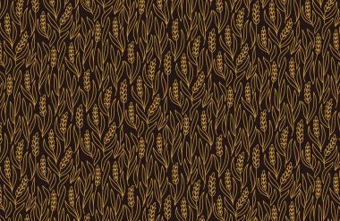 Mısır gevreği arkaplanı. Buğday taneleri ve kulakları. Ekmek için ambalaj kağıdı. Düzenlenebilir dış hat vuruşu. Vektör satırı illüstrasyonu.