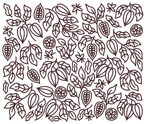 Kakaowe Tło Wzór Rośliny Fasola Liście Edytowalny Zarys Uderzenia Ilustracja — Wektor stockowy