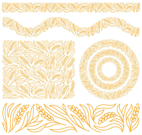 Cereal ornament set. Grains and ears of wheat. Wrapping paper for bread. Editable outline stroke. Vector line illustration.
