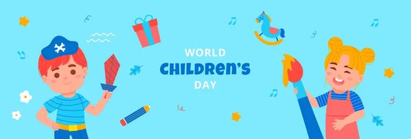 Всемирный День Детей Горизонтальный Баннер Векторный Плоский Дизайн — стоковый вектор