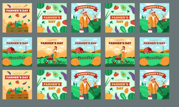 Щасливі Фермери День Медіа Соціальний Пост Набір Вектор Плоский Дизайн — стоковий вектор