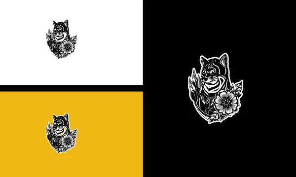 头狼和花朵矢量轮廓艺术设计 — 图库矢量图片