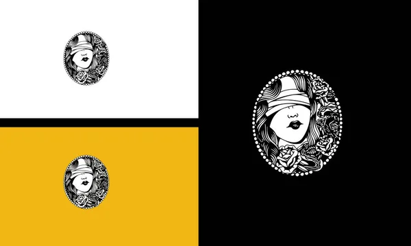 Головные Женщины Цветы Логотип Винтажной Линии Художественного Дизайна — стоковый вектор