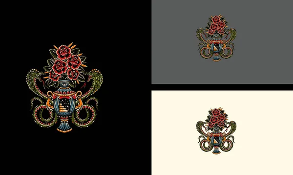 Красные Цветы Ведро Кобра Векторный Плоский Дизайн — стоковый вектор