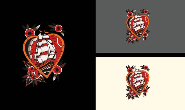 Πλοίο Κόκκινο Τριαντάφυλλο Λουλούδια Διάνυσμα Επίπεδη Σχεδίαση — Διανυσματικό Αρχείο