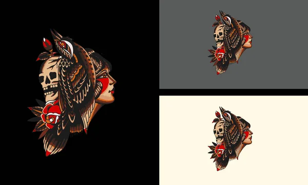 Cara Mujeres Águila Vector Ilustración Tatuaje Diseño — Vector de stock