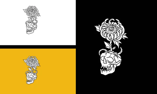 頭の頭蓋骨と花のベクトルラインアートデザイン — ストックベクタ