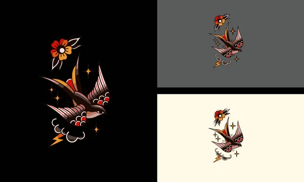 Fliegender Vogel Mit Blumen Vektor Tattoo Design — Stockvektor