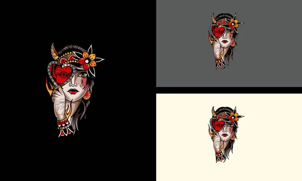Face Women Red Flowers Vector Tattoo Design — Stock Vector