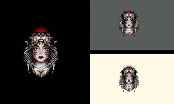 顔の女性ヴィンテージベクトルマスコットデザイン — ストックベクタ