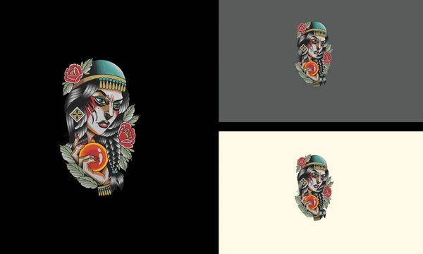 女性の怒りと花のベクトルマスコットのデザイン — ストックベクタ