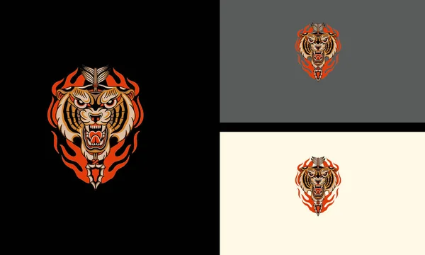 Tête Tigre Flammes Colère Vecteur Mascotte Design — Image vectorielle