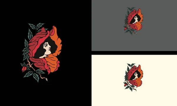 顔の女性と花のベクトルのマスコットデザイン — ストックベクタ