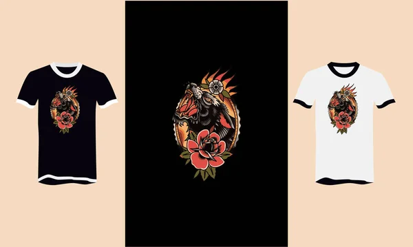 Baş Siyah Kurt Çiçek Tişörtü Tasarımı — Stok Vektör