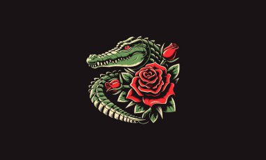 head crocodile and rose flowers vector artwork design clipart