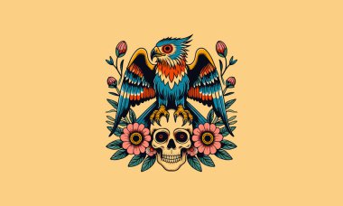 bird with head skull and flowers vector mascot design clipart