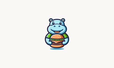 hippo smile eat burger vector illustration mascot design clipart