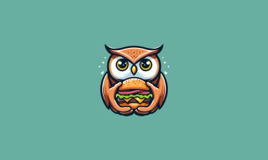 owl cute eat burger vector illustration mascot design clipart