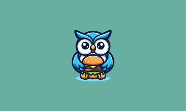 owl cute eat burger vector illustration mascot design clipart