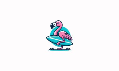 Flamingo, plaj vektör logosu dizaynında sörf tahtası