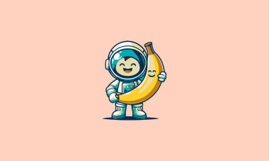 astronaut kid hold banana vector illustration flat design clipart