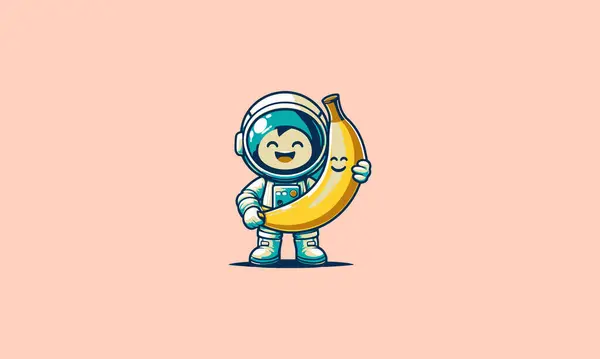 Astronauten Kind Halten Bananen Vektor Abbildung Flaches Design lizenzfreie Stockvektoren