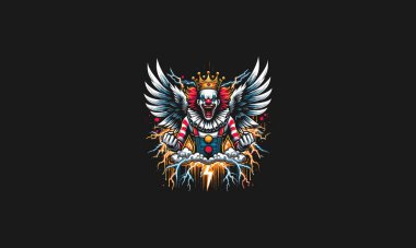 clown angry wearing crown with wings flames lightning vector design clipart