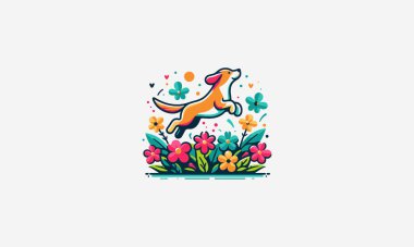 logo design of dog jump on top flowers vector flat design clipart