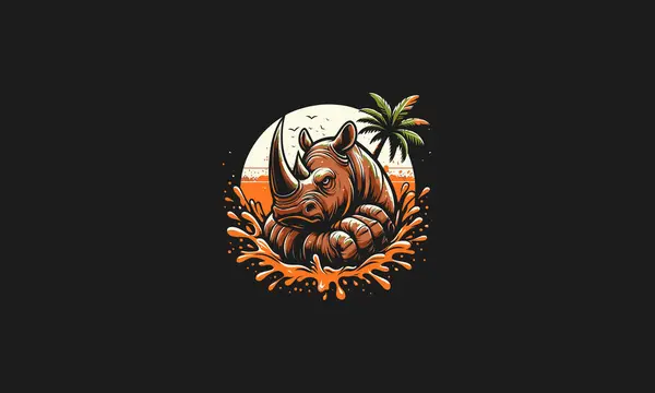 stock vector rhino with palm on beach vector logo design