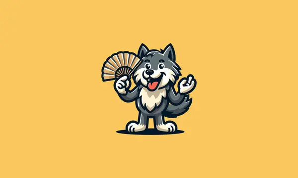 stock vector The wolf character smiles broadly while holding a fan in his hand vector mascot design