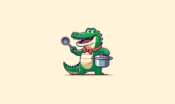 Stock vector crocodile character is holding a pot while smiling vector flat design