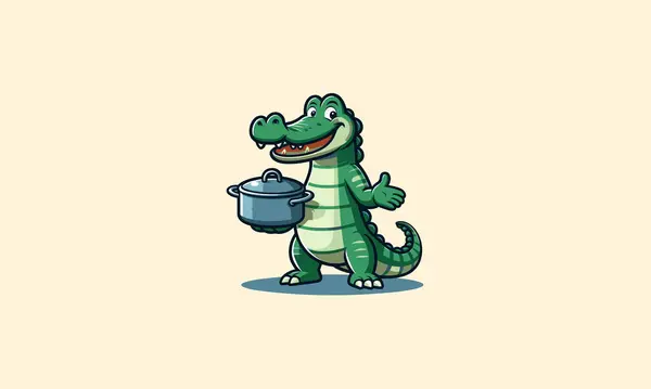 Stock vector crocodile character is holding a pot while smiling vector flat design