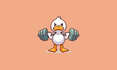 character duck holding dumbbell vector mascot design clipart