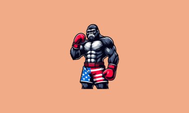 gorilla wearing boxing gloves and shorts emblazoned with the American flag vector mascot clipart