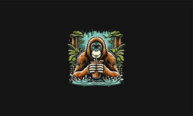 orangutan holding drink on forest vector illustration artwork design clipart