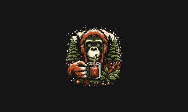 orangutan holding drink on forest vector illustration artwork design clipart