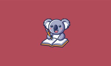 Koala kitap vektörü illüstrasyon logosu tasarımı üzerine yazıyor