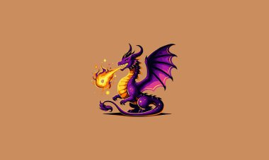 cartoon purple dragon spitting fire vector flat design clipart