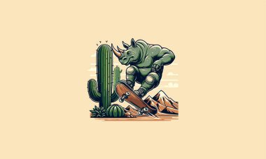 rhino playing skateboard on cactus vector illustration flat design clipart