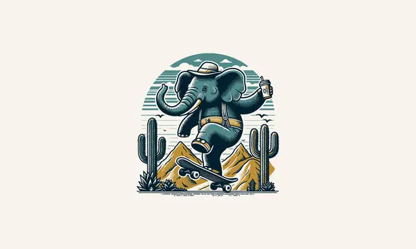 stock vector elephant playing skateboard on cactus vector illustration mascot design