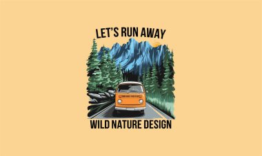 A van driving through a forest with mountains and sunset in background. clipart