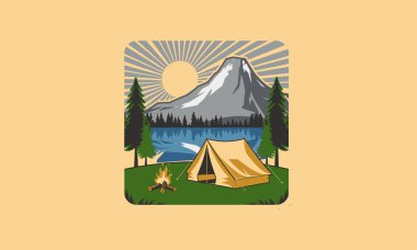 A tent and campfire near a mountain and lake with 