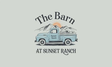 A vintage truck with mountains and sunrise, labeled 