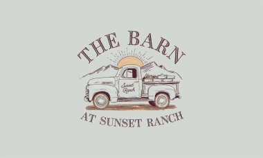 A vintage truck with mountains and sunrise, labeled 