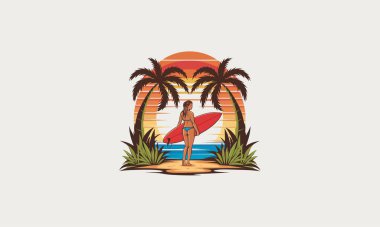 A surfer standing between palm trees, ready for sunset surfing. clipart