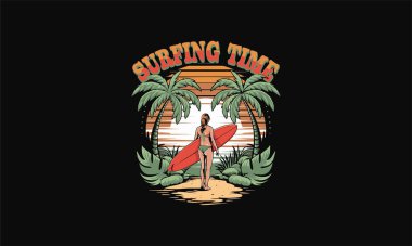 A surfer standing between palm trees, ready for sunset surfing. clipart