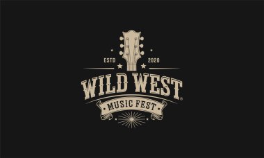 Vintage style Wild West music festival logo with guitar and stars. clipart